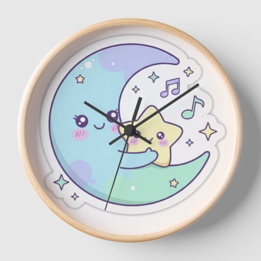Cute Sleeping Moon and Star Nursery Wall Clock 壁時計 (正面)