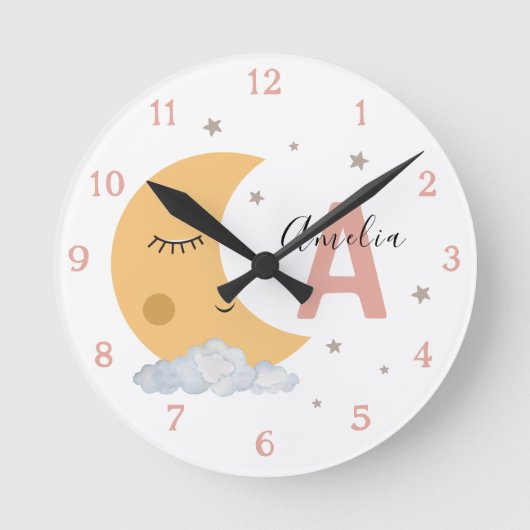 Cute Sleeping Moon Baby Nursery Clock Peach Pink ラウンド壁時計 (正面)
