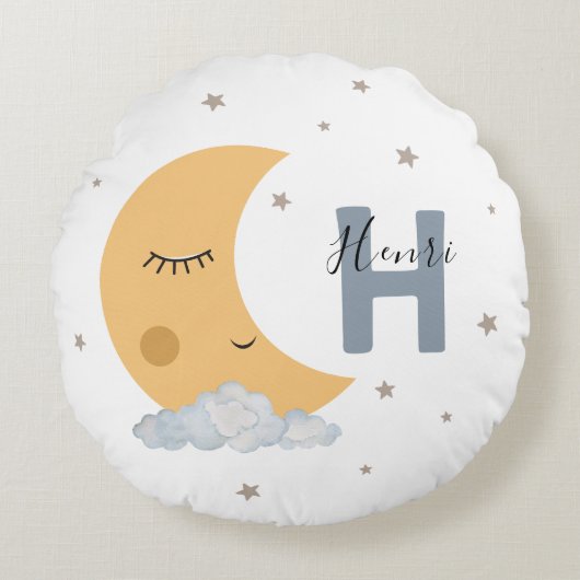 Cute Sleeping Moon Baby Room Pillow Name Initial ラウンドクッション (正面)