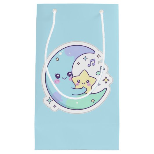 Cute Sleeping Moon & Stars Baby Blue Ramadan Gift  スモールペーパーバッグ (正面)