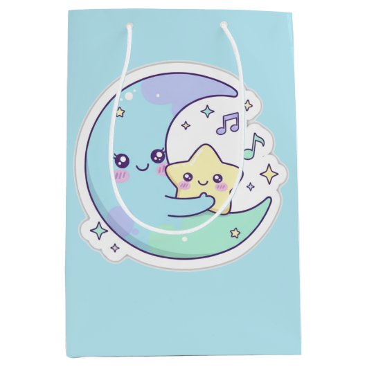 Cute Sleeping Moon & Stars Baby Blue Ramadan Gift  ミディアムペーパーバッグ (正面)