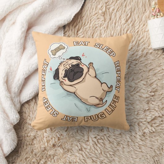 Cute Sleeping Pug Dreaming of Treats Throw Pillow クッション (ブランケット)