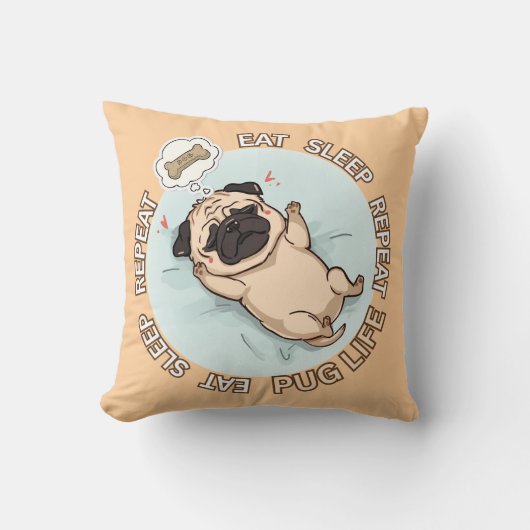 Cute Sleeping Pug Dreaming of Treats Throw Pillow クッション (正面)