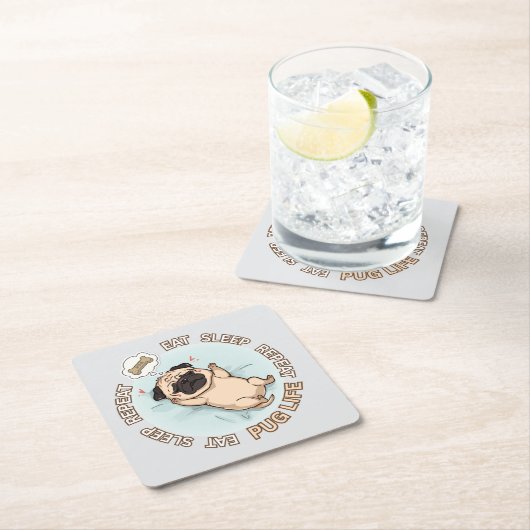 Cute Sleeping Pug Paper Coaster | Eat Sleep Repeat スクエアペーパーコースター (インサイチュ)