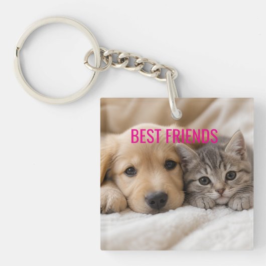 Cute Sleeping Puppy and Kitten Cuddle キーホルダー (正面)