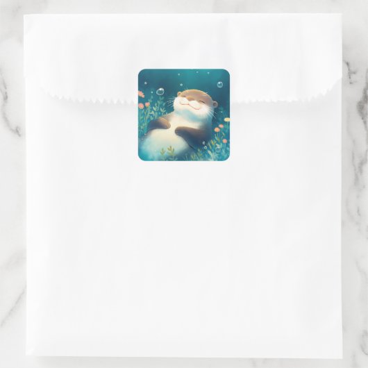 Cute Sleeping Sea Otter Underwater with Bubbles スクエアシール (バッグ)