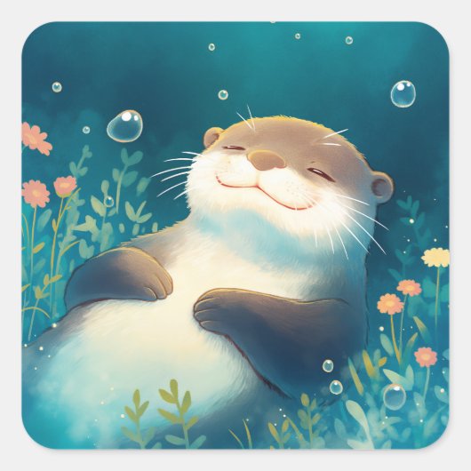 Cute Sleeping Sea Otter Underwater with Bubbles スクエアシール (正面)