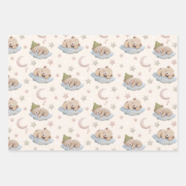 Cute Sleeping Teddy Bear with Stars & Moon ラッピングペーパーシート