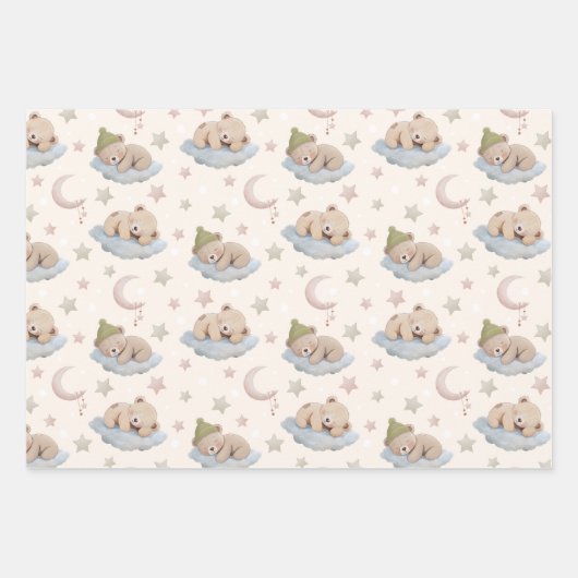 Cute Sleeping Teddy Bear with Stars & Moon ラッピングペーパーシート (正面)