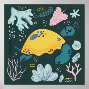 Cute Sleeping Turtle Underwater Doodle Poster ポスター