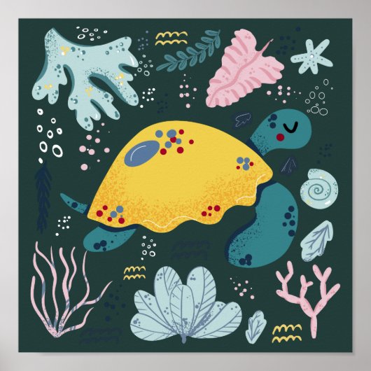 Cute Sleeping Turtle Underwater Doodle Poster ポスター (正面)