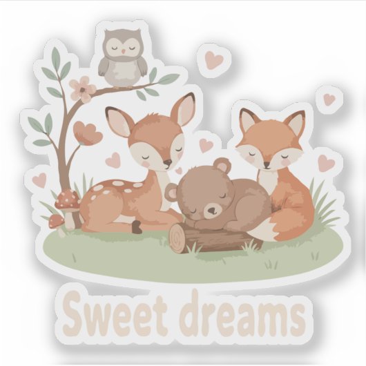 Cute Sleeping Woodland Animals Sweet Dreams Nurser シール (正面)