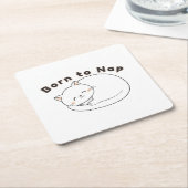 Cute Sleepy Cat “Born to Nap” Line Art Design スクエアペーパーコースター (アングル)
