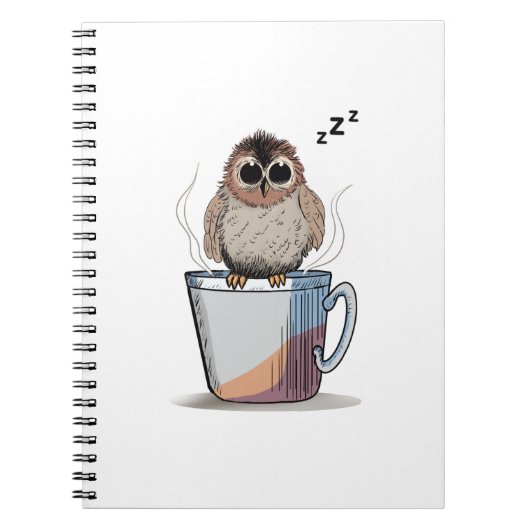Cute Sleepy Owl Coffee Sketch Photo Notebook ノートブック (正面)