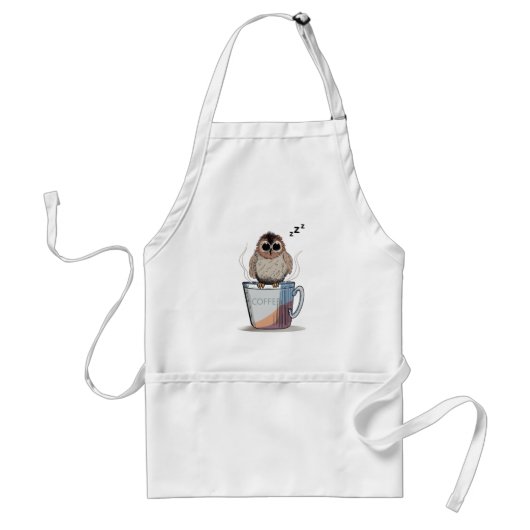 Cute Sleepy Owl Coffee Sketch Whimsical Apron スタンダードエプロン (正面)