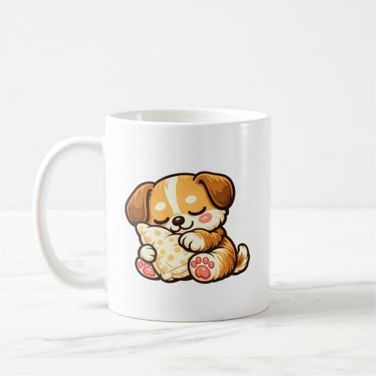 Cute Sleepy Puppy with Pillow コーヒーマグカップ (左)
