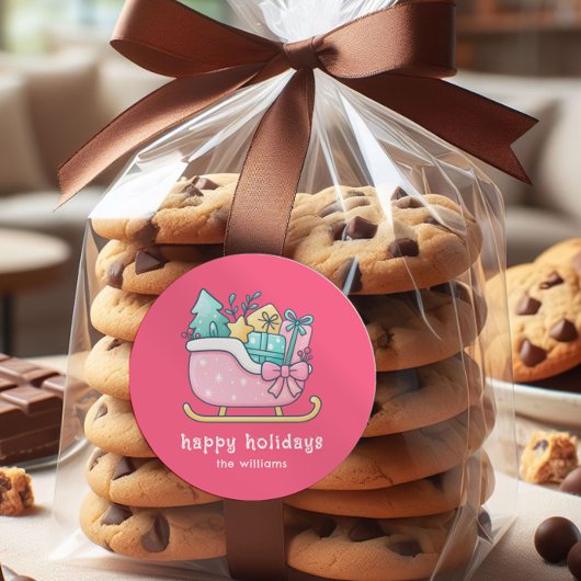 Cute Sleigh with Goodies Happy Holidays Pink ラウンドシール