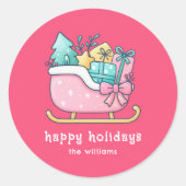 Cute Sleigh with Goodies Happy Holidays Pink ラウンドシール (正面)