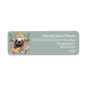 Cute sloth among tropical flowers blue custom name ラベル (正面)