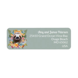 Cute sloth among tropical flowers blue custom name ラベル