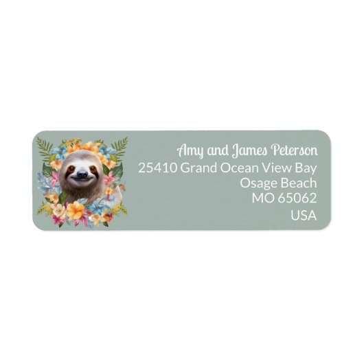 Cute sloth among tropical flowers blue custom name ラベル (正面)