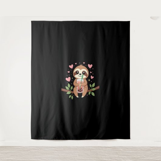 Cute Sloth Boba Bubble Milk Tea Kawaii Women Girls タペストリー (正面)