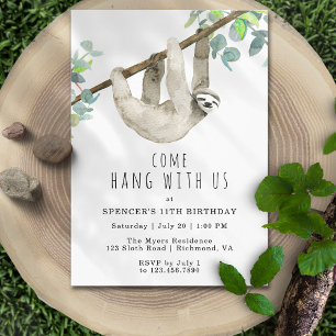Cute Sloth Come Hang 面白い子供の誕生日パーティー 招待状