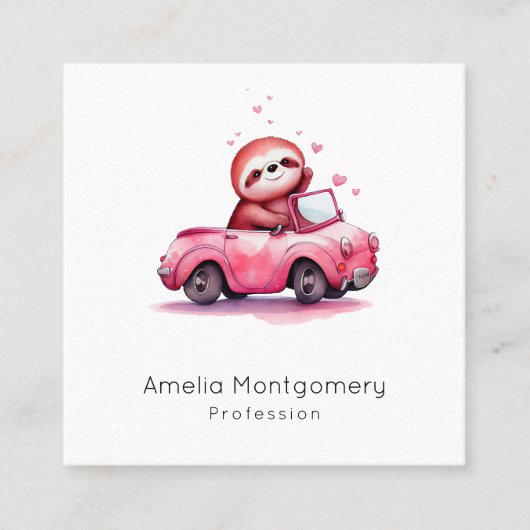 Cute Sloth Driving a Pink Convertible スクエア名刺 (正面)