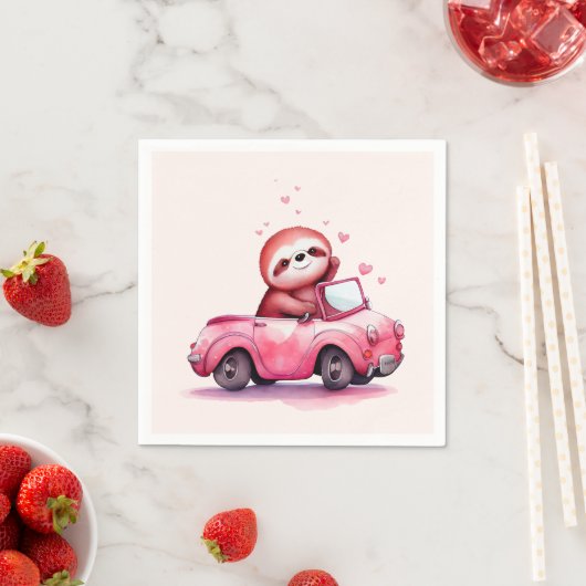 Cute Sloth Driving a Pink Convertible スタンダードカクテルナプキン (インサイチュ)