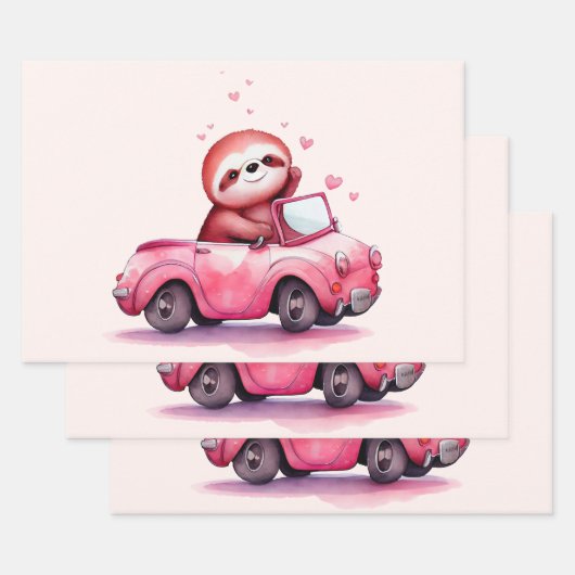 Cute Sloth Driving a Pink Convertible ラッピングペーパーシート (セット)