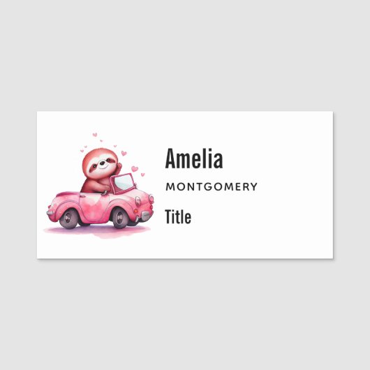 Cute Sloth Driving a Pink Convertible 名札 (正面)