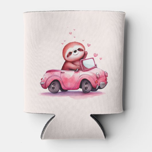 Cute Sloth Driving a Pink Convertible 缶クーラー (正面)