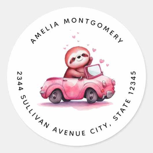 Cute Sloth Driving a Pink Convertible - Address ラウンドシール (正面)