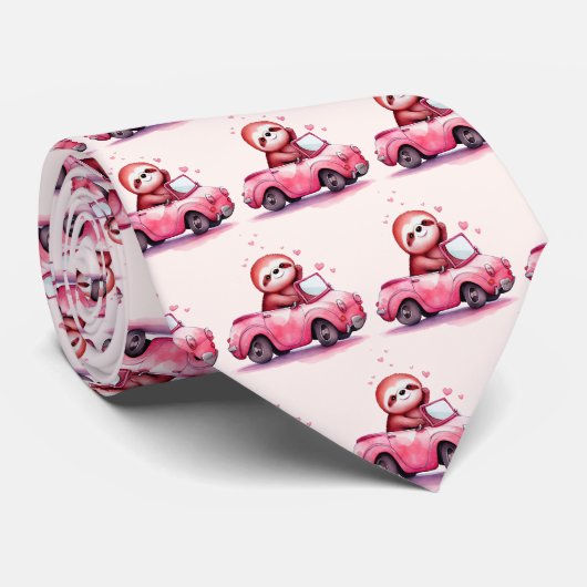 Cute Sloth Driving a Pink Convertible Pattern ネクタイ (ロール)