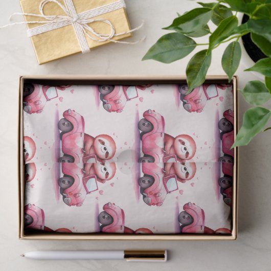 Cute Sloth Driving a Pink Convertible Pattern 薄葉紙 (ギフト)