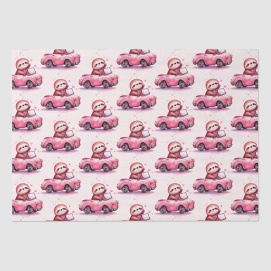 Cute Sloth Driving a Pink Convertible Pattern 薄葉紙 (正面)