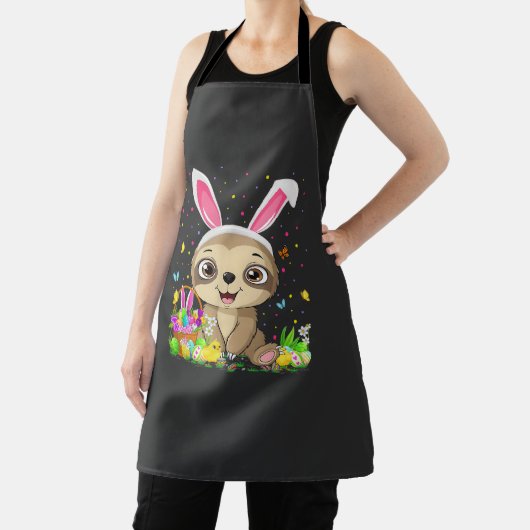 Cute Sloth Easter Egg Hunt Bunny Ear Sloth Happy E エプロン (インサイチュ)