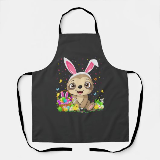 Cute Sloth Easter Egg Hunt Bunny Ear Sloth Happy E エプロン (正面)