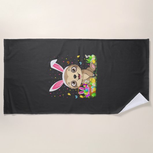 Cute Sloth Easter Egg Hunt Bunny Ear Sloth Happy E ビーチタオル (正面)