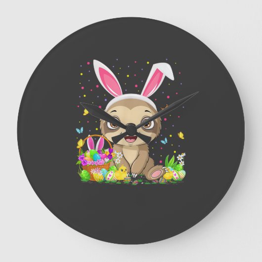 Cute Sloth Easter Egg Hunt Bunny Ear Sloth Happy E ラージ壁時計 (正面)