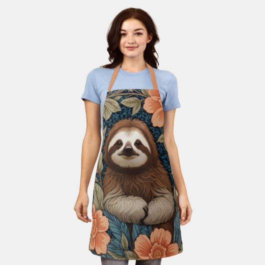 Cute Sloth Elegant Floral William Morris Inspired エプロン (着用した状態)