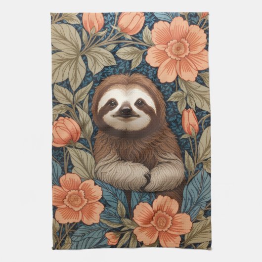 Cute Sloth Elegant Floral William Morris Inspired キッチンタオル (縦)
