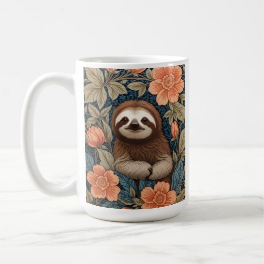 Cute Sloth Elegant Floral William Morris Inspired コーヒーマグカップ (左)