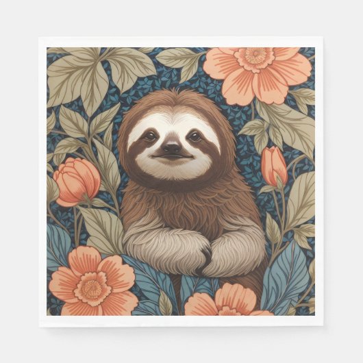 Cute Sloth Elegant Floral William Morris Inspired スタンダードランチョンナプキン (正面)