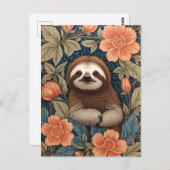 Cute Sloth Elegant Floral William Morris Inspired ポストカード (正面/裏面)