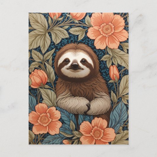 Cute Sloth Elegant Floral William Morris Inspired ポストカード (正面)