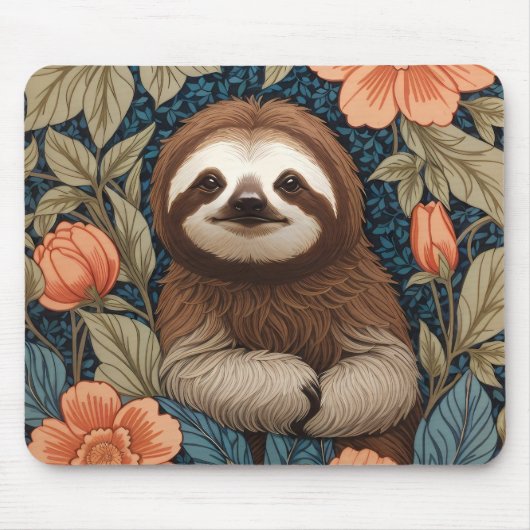 Cute Sloth Elegant Floral William Morris Inspired マウスパッド (正面)