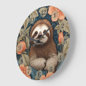 Cute Sloth Elegant Floral William Morris Inspired ラージ壁時計 (傾斜)