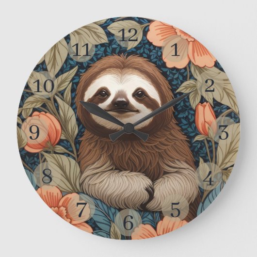 Cute Sloth Elegant Floral William Morris Inspired ラージ壁時計 (正面)