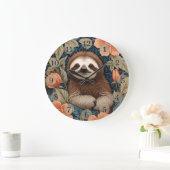 Cute Sloth Elegant Floral William Morris Inspired ラージ壁時計 (ホーム)